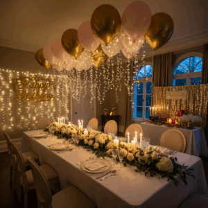 Decoration salle pour anniversaire festive avec ballons et guirlandes lumineuses.