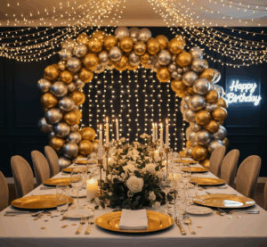Decoration salle pour anniversaire chic et glamour avec ballons or et guirlandes lumineuses